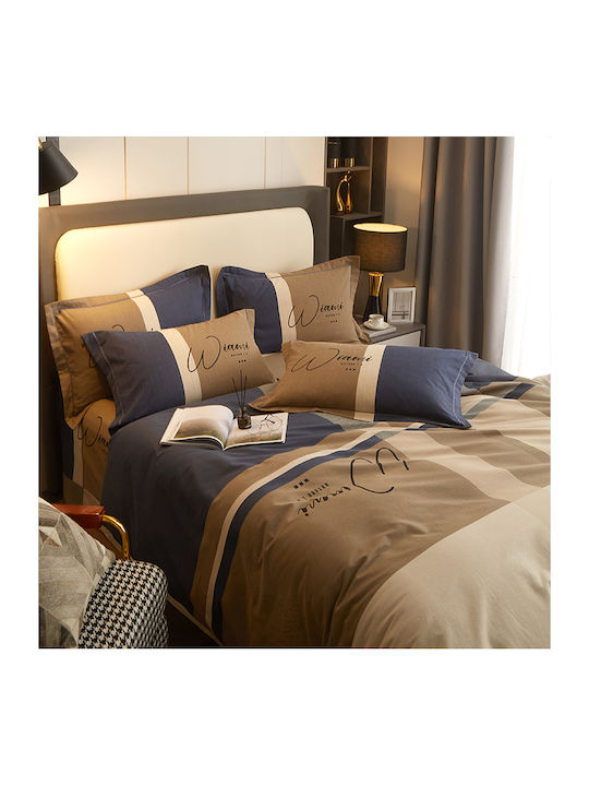 4 Seasons Collection Σετ Παπλωματοθήκη Φανελένια Υπέρδιπλη 220x240cm 2 Μαξιλαροθήκες & 1 Σεντόνι Μπλε Καφέ