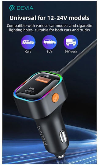 Devia Încărcător Auto 45W 3A Încărcare Rapidă cu Porturi 3xUSB 1xType-C Culoare Neagră