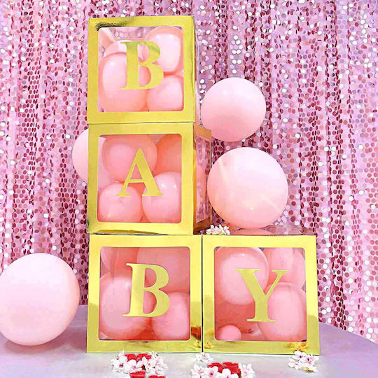 Set 4 Cutii Pentru Baloane Alista Home Model Simplu Tematică Zi De Naștere Cuburi Decorative Din Plastic Accesorii Pentru Petreceri 30 X 30 Cm Transparent Contur Auriu