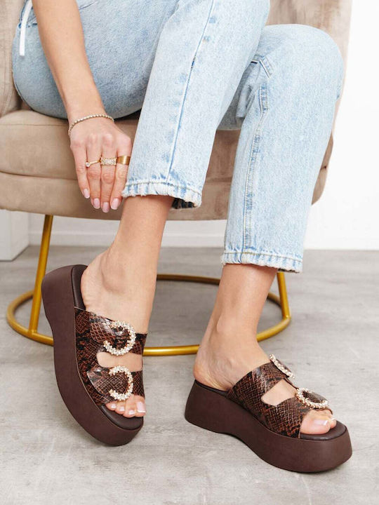 Brown Flatforms Snake Print Decorative Buckles