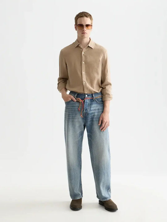 Long Sleeve Linen Shirt In Regular Fit Beige