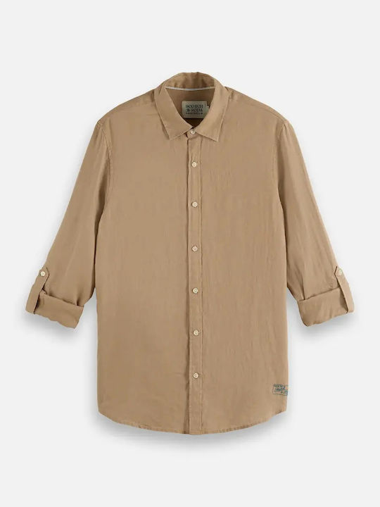 Long Sleeve Linen Shirt In Regular Fit Beige