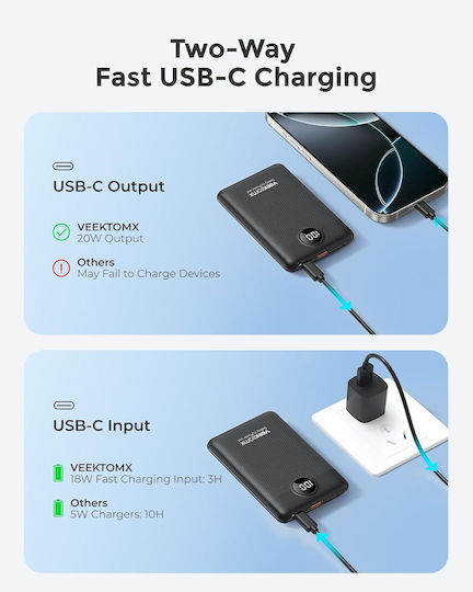 Veektomx VT103 Power Bank 10000mAh 22.5W με Θύρα USB-A και Θύρα USB-C Schnellladung Μαύρο