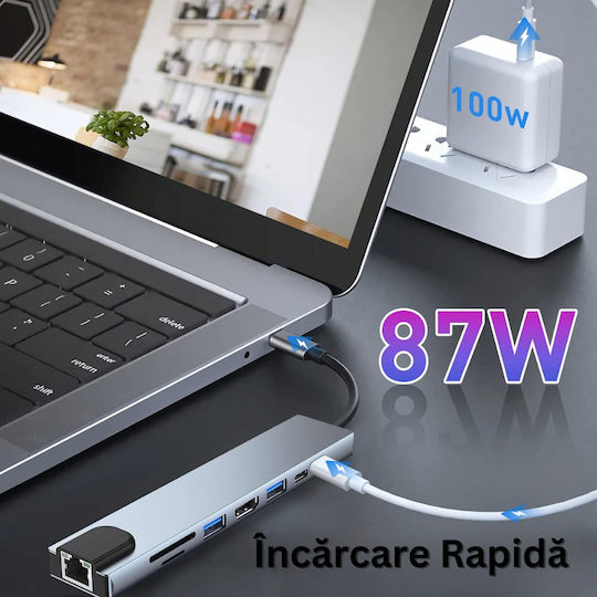 USB-C Докинг Станция с HDMI 4K PD Ethernet и Свързване на 2 Монитора Сива (ED379)