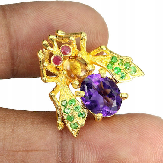 Bee Brooch Silver Natural Amethyst Citrine Diopsides Rubies 925