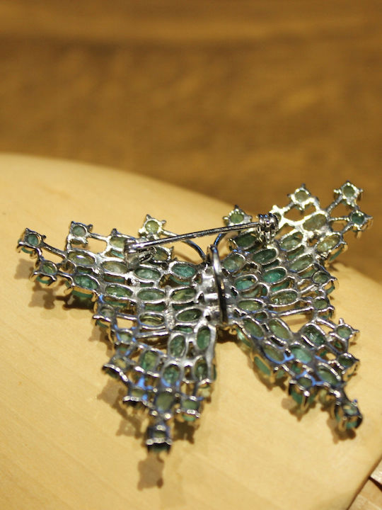 Brooch 925 Silver Emeralds Butterfly Pendant