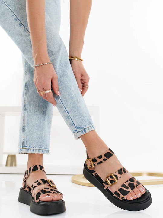 Cow Print Flatforms Golden Buckles Suede Material