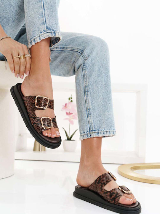 Кафяви Кожени Flatforms Print Двойни Токички