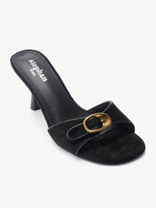 Μαύρα Suede Mules Χρυσή Μεταλλική Αγκράφα