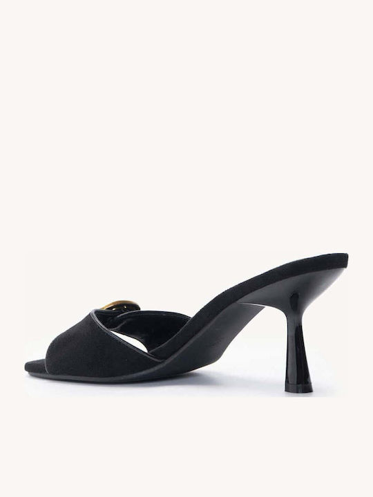 Μαύρα Suede Mules Χρυσή Μεταλλική Αγκράφα