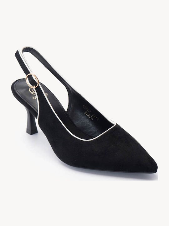 Μαύρες Σουέτ Γόβες Slingback Μυτερή Γραμμή