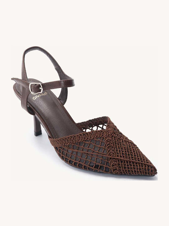 Brown Slingback Heels Woven Design Strap