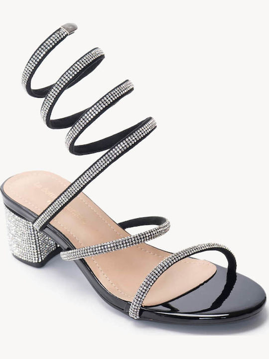 Schwarze Damen Sandalen mit Strass und Riemen mit niedrigem Absatz