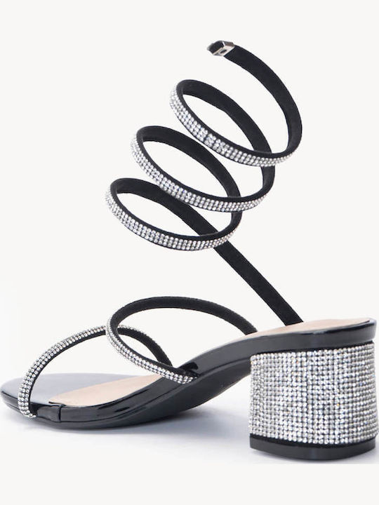 Schwarze Damen Sandalen mit Strass und Riemen mit niedrigem Absatz