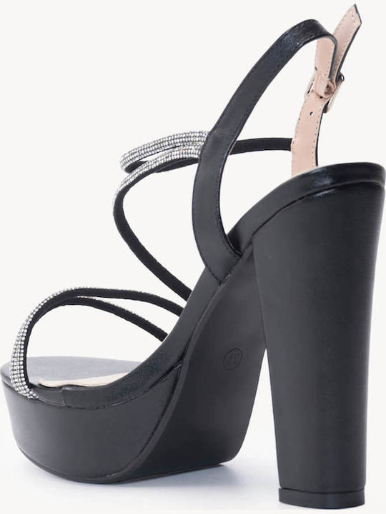 Sandale Elegante Damă Negre Cu Toc Înalt Cu Strasuri Curele Subțiri Fără Cataramă