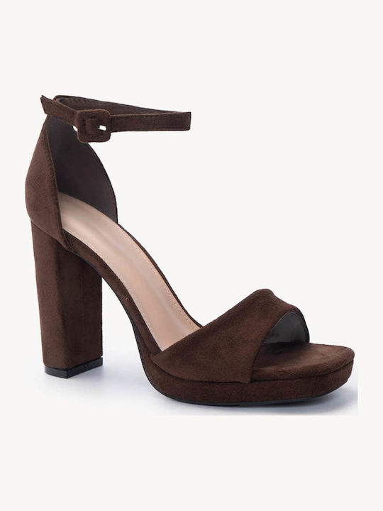 Sandale Elegante Damă Maro De Catifea Cu Toc Gros Bareta