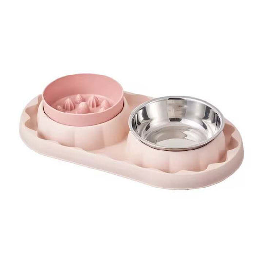 Bol Din Plastic Pentru Hrană și Apă cu Hrănire Lentă Pentru Câine cu Suport 2x 36cm în Culoare Roz