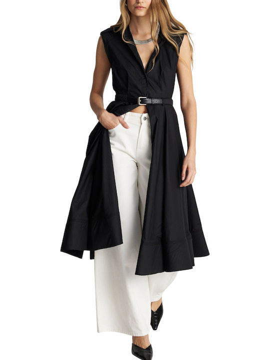 Summer Midi Shirt Dress Sleeveless Black
