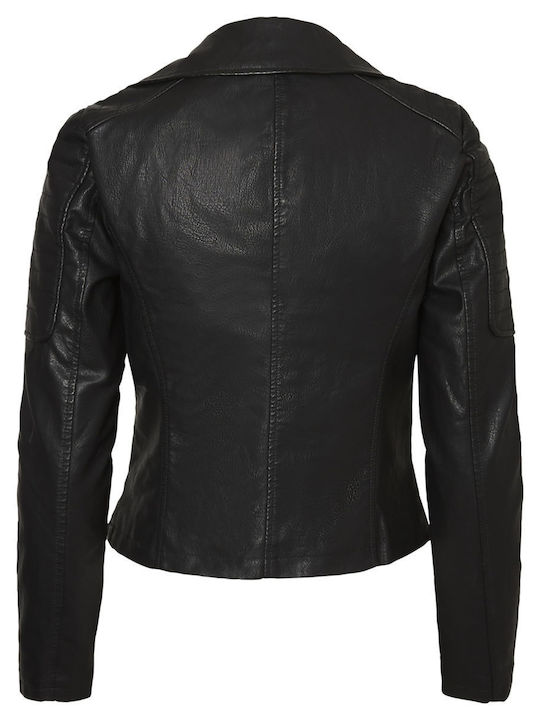 Women's Short Biker Artificial Leather Jacket for Winter Black