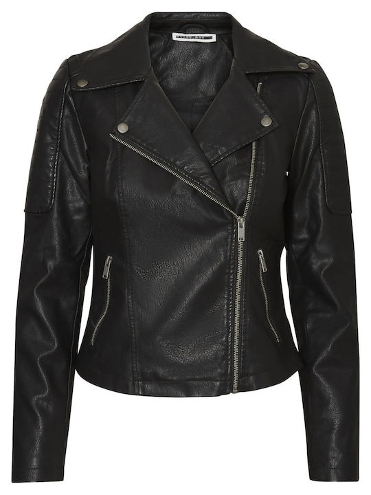 Women's Short Biker Artificial Leather Jacket for Winter Black