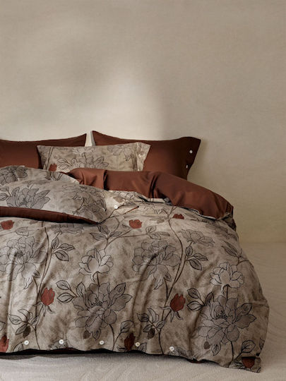4 Seasons Collection Duvet Cover Cotton Satin Extra Large 220x240cm 2 Pillowcases & 1 Bed Sheet Terracotta Gray
