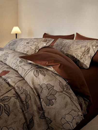 4 Seasons Collection Duvet Cover Cotton Satin Extra Large 220x240cm 2 Pillowcases & 1 Bed Sheet Terracotta Gray