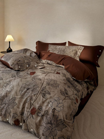 4 Seasons Collection Duvet Cover Cotton Satin Extra Large 220x240cm 2 Pillowcases & 1 Bed Sheet Terracotta Gray