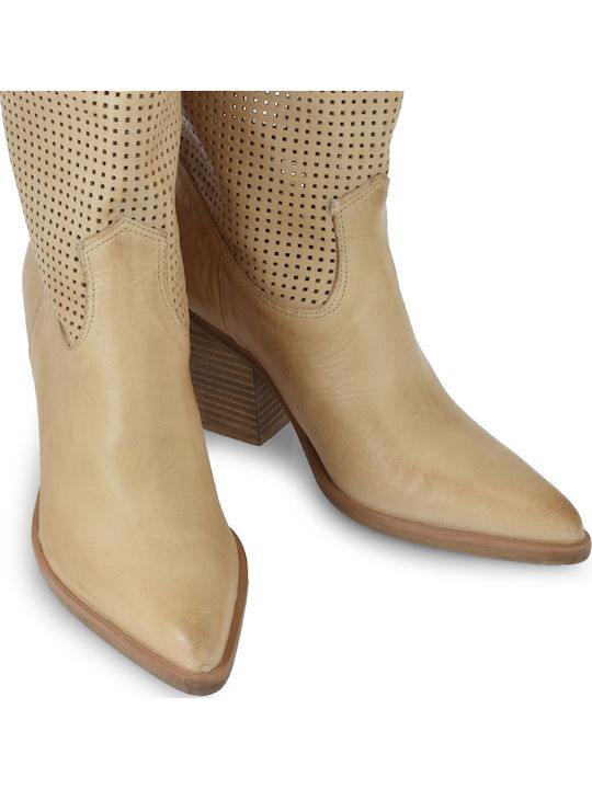Leather Women's Boots with High Heel Beige