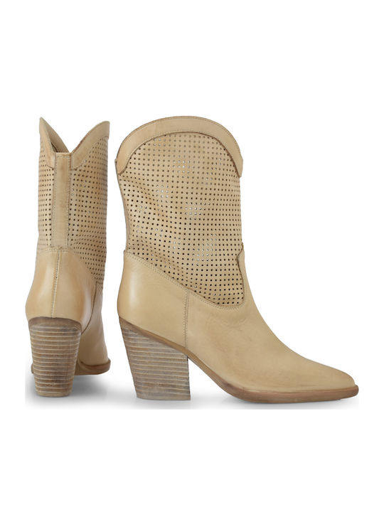 Leather Women's Boots with High Heel Beige
