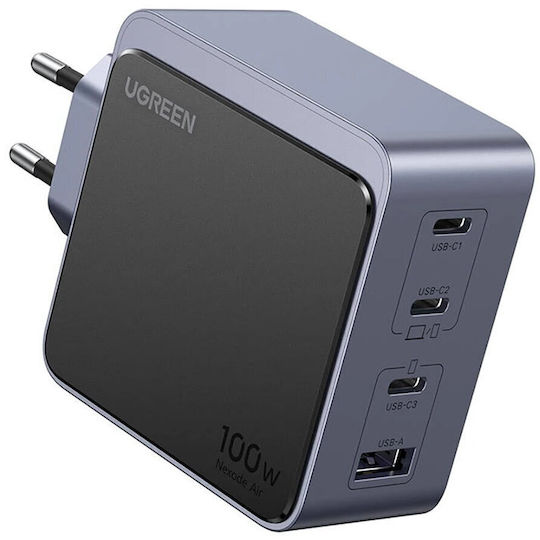 Ugreen Φορτιστής Χωρίς Καλώδιο GaN με Θύρα USB-A και 3 Θύρες USB-C 100W Power Delivery / Quick Charge 4.0 Γκρι (X565)