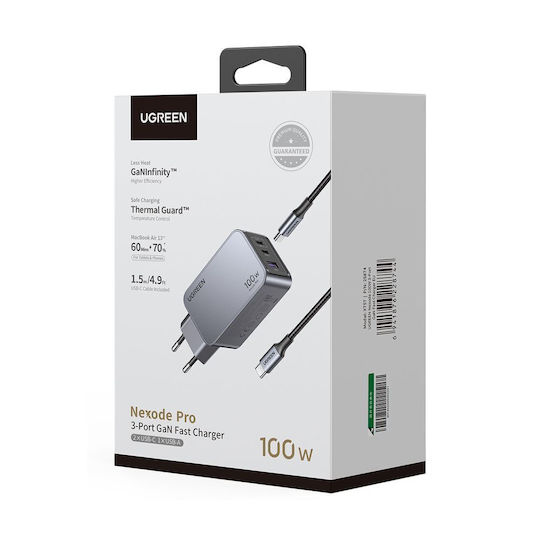 Ugreen Charger GaN with USB-A Port and 2 USB-C Ports and Cable USB-C - USB-C 100W Power Delivery / Quick Charge 4+ Gray (Nexode Pro)