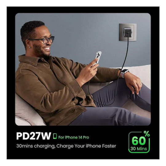 Ugreen Charger GaN with USB-A Port and 2 USB-C Ports and Cable USB-C - USB-C 65W Power Delivery / Quick Charge 4.0 Gray (Nexode Pro)