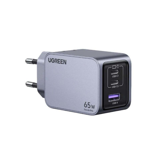 Ugreen Charger GaN with USB-A Port and 2 USB-C Ports and Cable USB-C - USB-C 65W Power Delivery / Quick Charge 4.0 Gray (Nexode Pro)