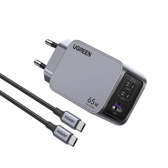 Ugreen Charger GaN with USB-A Port and 2 USB-C Ports and Cable USB-C - USB-C 65W Power Delivery / Quick Charge 4.0 Gray (Nexode Pro)