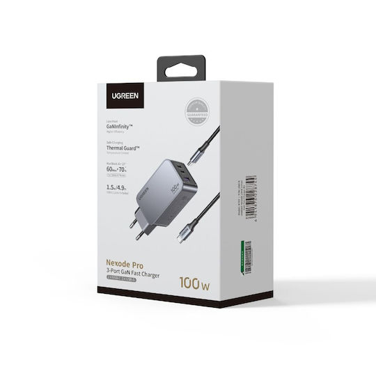 Ugreen Charger GaN with USB-A Port and 2 USB-C Ports and Cable USB-C - USB-C 100W Power Delivery / Quick Charge 4+ Gray (Nexode Pro)