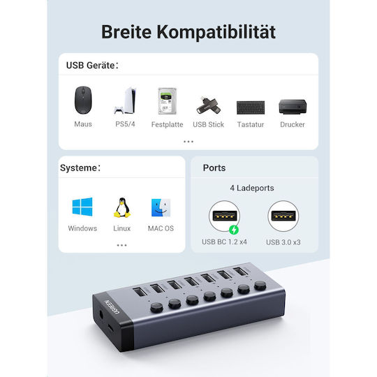 Ugreen Charging Stand with 7 USB-A Ports and Cable USB-C Power Delivery in Gray color (CM481)