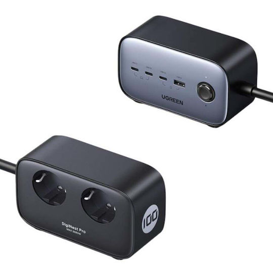 Ugreen Charger with Built-in Cable GaN with USB-A Port and 3 USB-C Ports 100W Power Delivery Quick Charge 3.0 Quick Charge 4+ Gray (CD270 Power Strip)