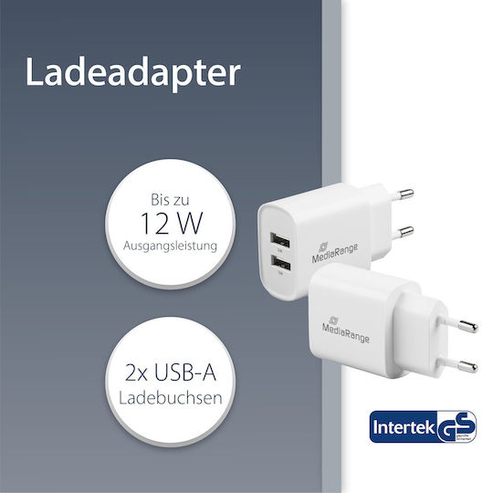 MediaRange Ladegerät ohne Kabel mit 2 USB-A Anschlüsse 12W Weißs (MRMA114)