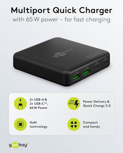 Goobay Βάση Φόρτισης GaN με 2 Θύρες USB-A και 2 Θύρες USB-C 65W Power Delivery σε Μαύρο χρώμα (65813)