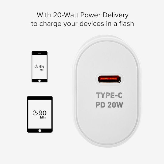 SBS Φορτιστής Χωρίς Καλώδιο με Θύρα USB-C 20W Power Delivery Λευκός (TETR1CPD20)