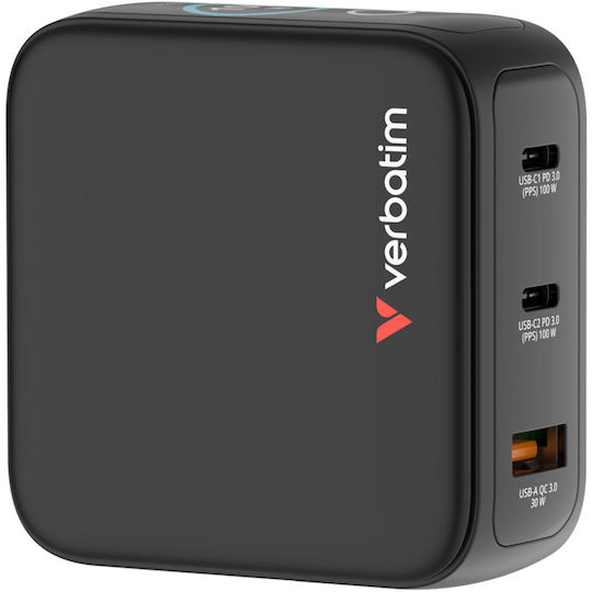 Verbatim Φορτιστής Χωρίς Καλώδιο GaN με Θύρα USB-A και 2 Θύρες USB-C 100W Power Delivery / Quick Charge 3.0 Μαύρος (30239)