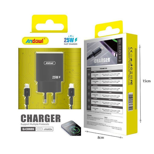 Andowl Φορτιστής με Θύρα USB-C και Καλώδιο USB-C 25W Μαύρος (Q-CD669)