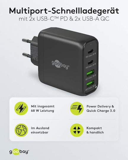 Goobay Φορτιστής Χωρίς Καλώδιο με 2 Θύρες USB-A και 2 Θύρες USB-C 68W Μαύρος (64817)