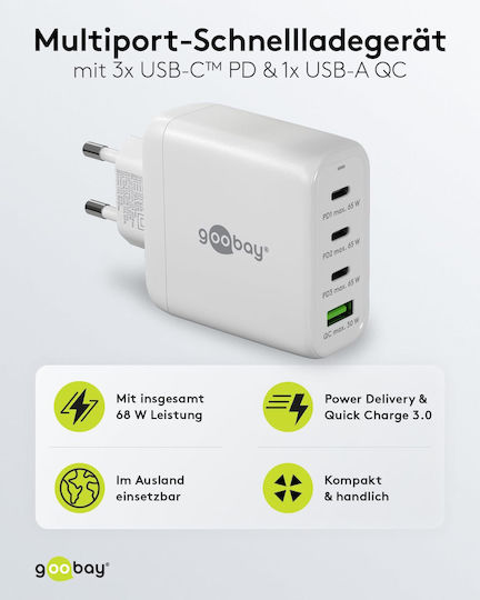 Goobay Φορτιστής Χωρίς Καλώδιο GaN με Θύρα USB-A και 3 Θύρες USB-C 68W Power Delivery Λευκός (64822)