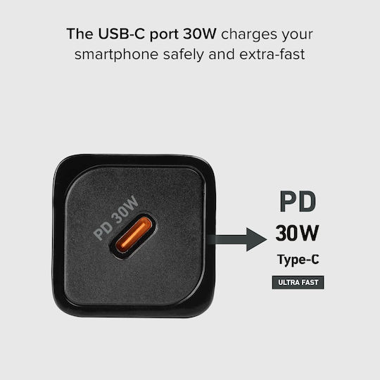 SBS Φορτιστής Χωρίς Καλώδιο GaN με Θύρα USB-C 30W Power Delivery Μαύρος (TRGAN1C30W)