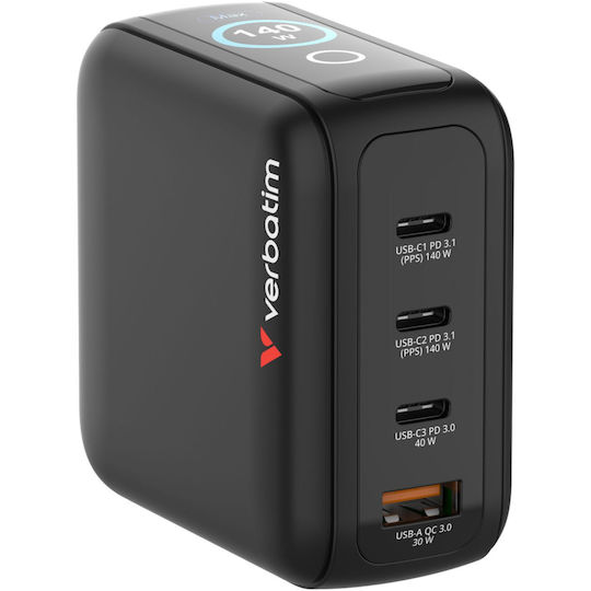 Verbatim Φορτιστής Χωρίς Καλώδιο GaN με Θύρα USB-A και 3 Θύρες USB-C 140W Power Delivery / Quick Charge 3.0 Μαύρος (30240)