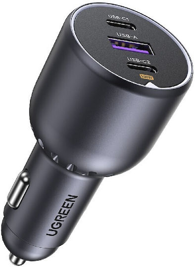 Ugreen Auto-Ladegerät 130W Schnellladung mit Anschlüssen: 2xUSB 2xType-C mit Kabel Typ-C,TC-TC Gray Farbe