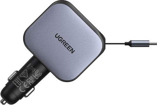 Ugreen Car Charger 145W 3A Fast Charging with Ports: 1xUSB 1xType-C with Cable Embedded Gray Color