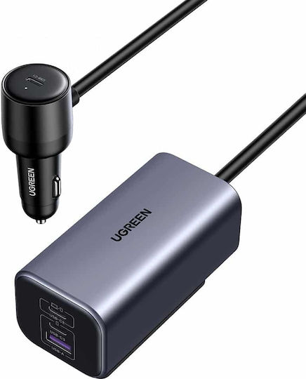 Ugreen EC706 Auto-Ladegerät 150W Schnellladung mit Anschlüssen: 1xUSB 1xType-C mit Kabel Eingebettet Gray Farbe
