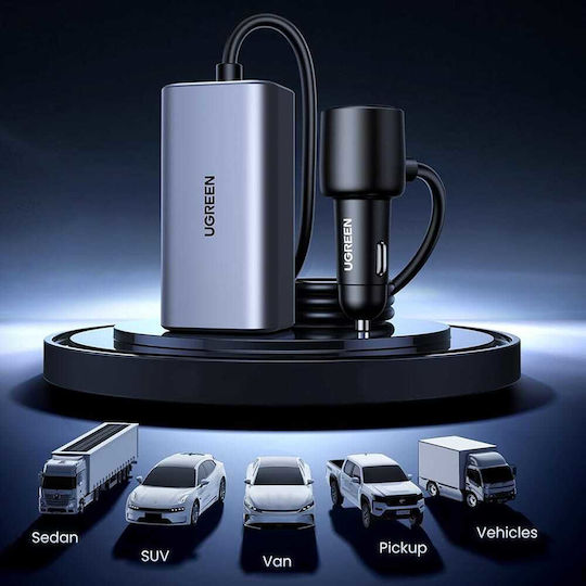 Ugreen EC706 Auto-Ladegerät 150W Schnellladung mit Anschlüssen: 1xUSB 1xType-C mit Kabel Eingebettet Gray Farbe